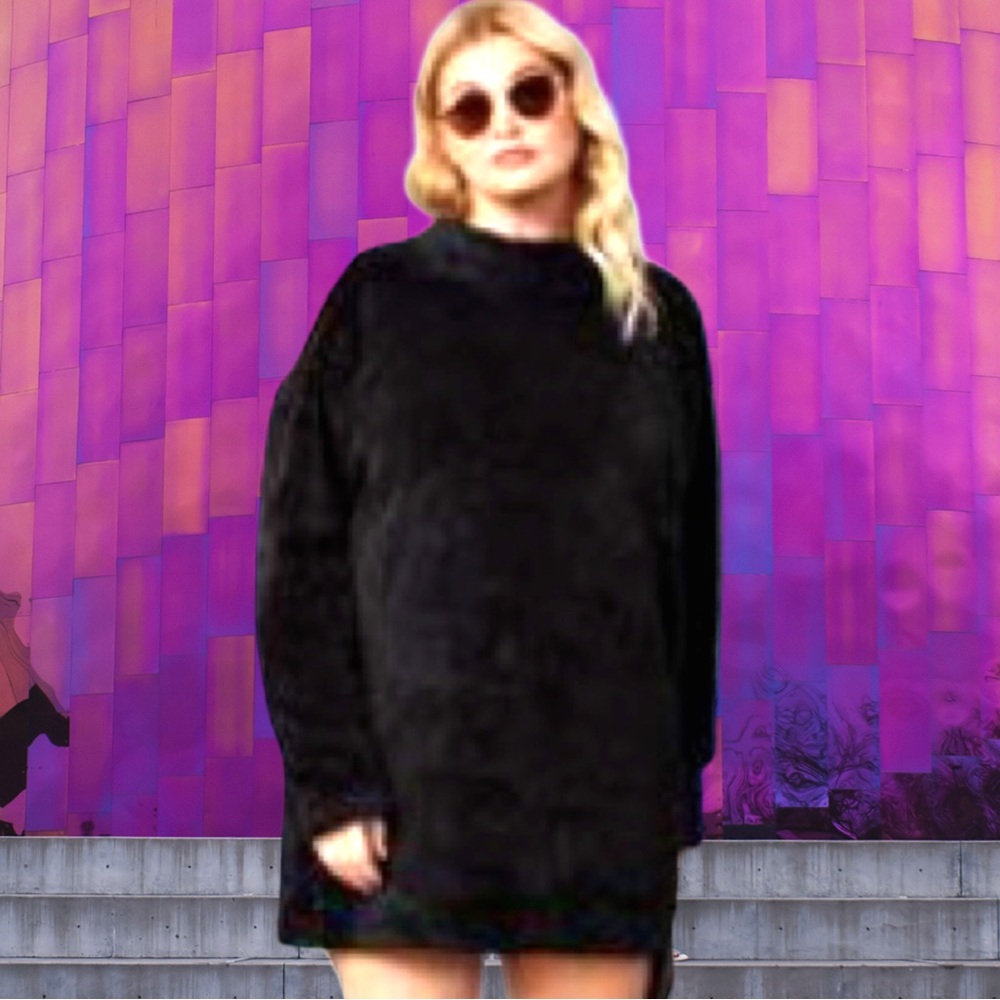 🆕Women’s plus-size Black Furry Cold-Shoulder Mini Sweater Dress❤️❤️3X